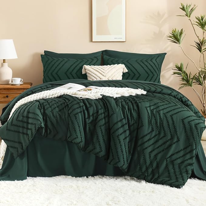 Litanika Oversized King Size Comforter Set with Sheets Dark Emerald Green - 7 Pieces Bed in a Bag Oversized King Boho Tufted Complete Bedding Sets with Comforter, Sheets, Pillowcases & Shams