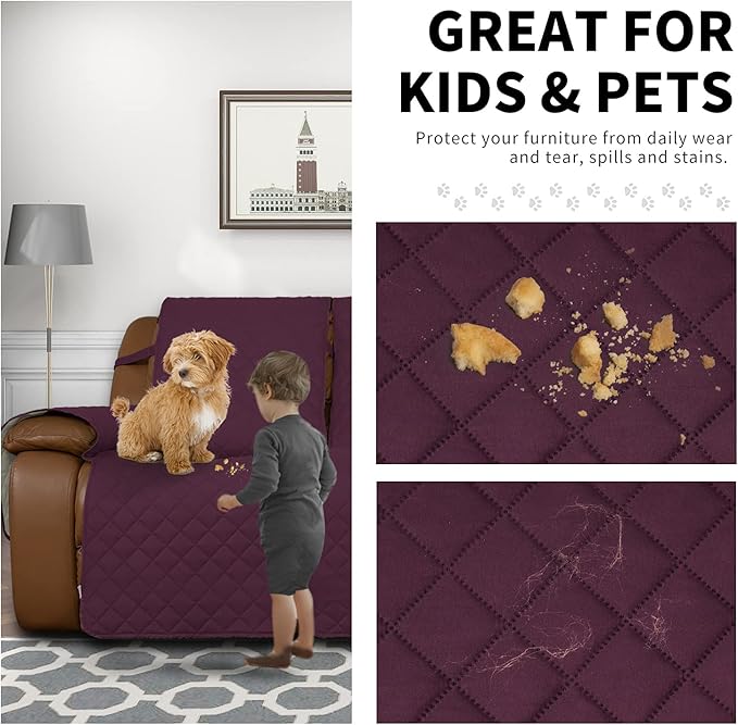 Easy-Going Loveseat Recliner Cover, Reversible Couch Cover for Double Recliner, Split Sofa Cover for Each Seat, Furniture Protector with Elastic Straps for Kids, Dogs, Pets(2 Seater, Wine/Beige)
