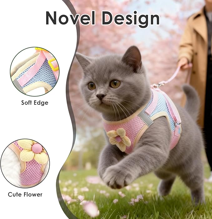 Cat Harness and Leash Set Escape Proof, Adjustable Leash & Breathable Mesh Vest with Reflective Strips & Flower, (S)