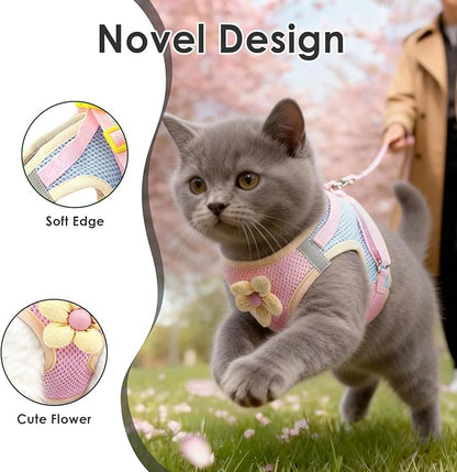 Cat Harness and Leash Set Escape Proof, Adjustable Leash & Breathable Mesh Vest with Reflective Strips & Flower, (S)