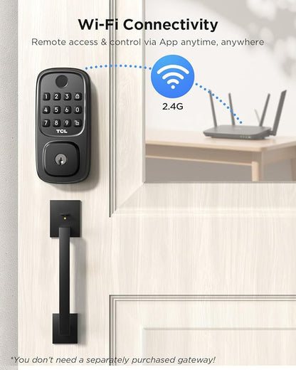 TCL D1 Wi-Fi Smart Lock, Fingerprint Door Lock, Keyless Entry Keypad Deadbolt Lock for Front Door, Built-in WiFi, Auto Lock, Voice Control, Easy Installation, 8 Months Battery (Black)