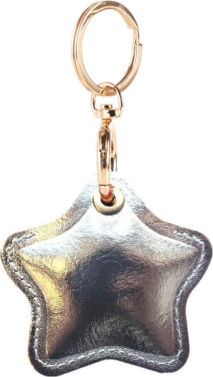 Leather Charm Keychain Holder Case Compatible with AirTag,Cute Protective Star-Shaped Cover with Luxe Ring Clip,Finder GPS Tracker Case for Wallet Keys,Bag,Pets(Silvery)