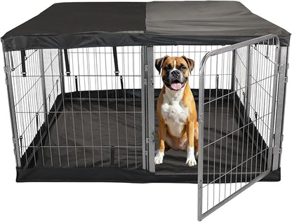 Dog Playpen w/Square Bottom Pad & Top Cover - 32 inch, 8 Panel Portable Grey Metal Pet Play Pen for Small and Medium Dogs - Indoor/Outdoor Kennel Cage for Home, Yard, RV, or Camping