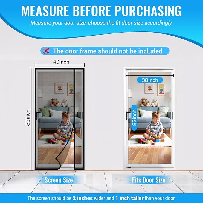 Magnetic Closure Screen Door, Reversible Mesh Door Screen Fits 38" x 82" Door, Heavy-Duty Magnetic Mesh Curtain for Sliding Door and French Door, Self-Sealing, Portable Patio Screen (40" x 83")