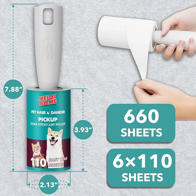MEIQIHOME Lint Rollers for Pet Hair Extra Sticky, 660 Sheets Value Set Lint Roller with 3 Upgraded Handles, 6 Rollers Portable Pet Lint Remover for Clothes, Furniture, Carpet, Dog & Cat Hair Removal