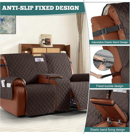 Ruaozz Waterproof Loveseat Recliner Cover with Console Non-Slip Reclining Couch Covers Split Sofa Slipcovers with Elastic Straps for Kids, Dogs, Pets (Chocolate, 2 Seater)