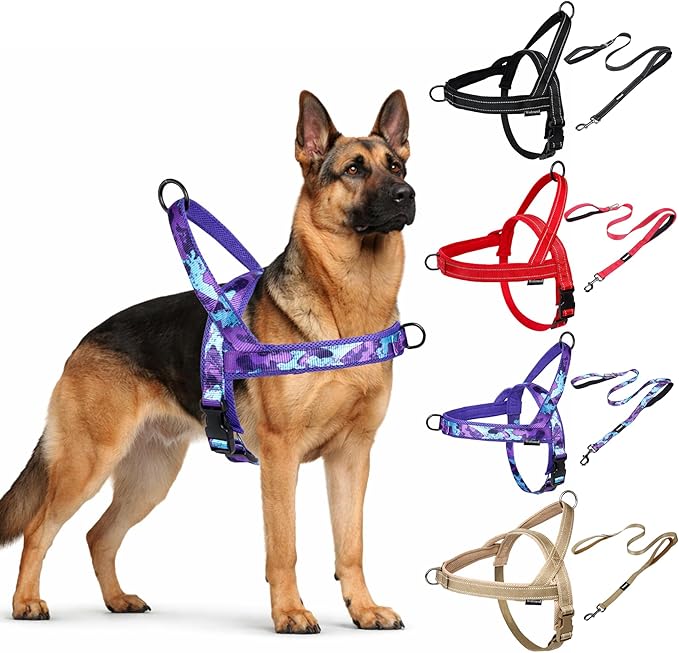 No Pull Dog Harness and Leash Set-Vest Harness with Handle&5FT Dog Leash with Car Seatbelt Clip,Breathable Mesh&Quick Fit Dog Harness Easy for Medium Large Dogs Training Walking(Camo Purple,S)