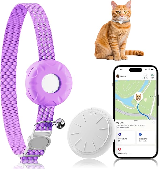 Cat Tracker, GPS Tracker, Compatible with Apple Find My App(Only iOS), Real-Time Location Pet Tracker, No Subscription Required,Territory & Location History, Breakaway Collar Included, Purple