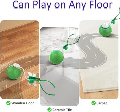 Waaiio Interactive Cat Ball Toy, Fast Moving Cat Toys for Indoor Cats-with Dragonfly & Feather Tails,Automatic Motion Activated, Realistic Squeak Sound for Exercise Stimulation (Green)