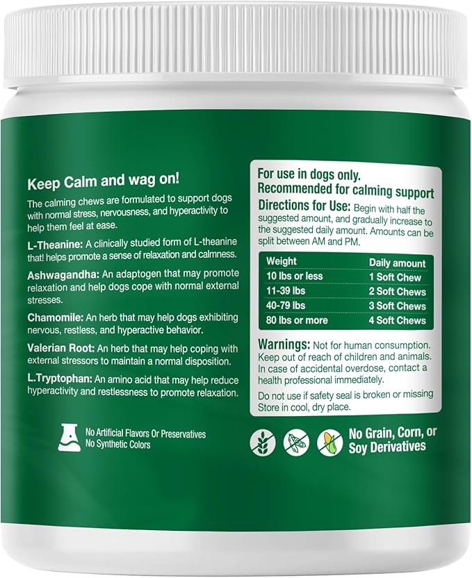 Calming Chews for Dogs, Dog Calming Chews - Anxiety Relief Treats - Dog Supplements Helps with Separation, Barking, Stress Relief, Composure, Promote Relaxation - Natural Ingredients