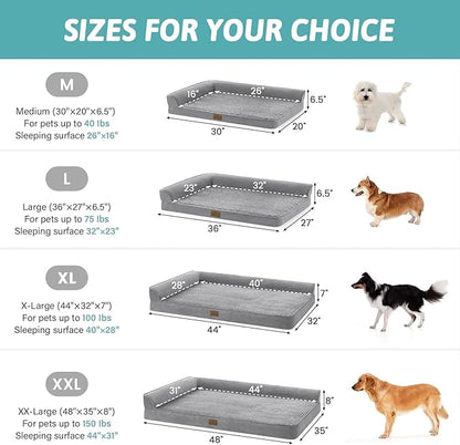 COZY KISS Orthopedic Dog Bed for Extra Large Dog 44x32 inch, XL Pet Sofa, Bolster Foam Bed with Sides, Non-Slip and Egg-Crate Big Dog Couch Bed with Washable Removable Cover, Grey
