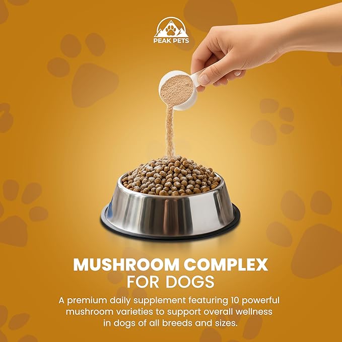 Mushroom Supplement Powder for Dogs (90g) Organic Mushroom Complex with Turkey Tail and Lions Mane for Dogs - Immune Support, Brain Health and Digestion - Third Party Tested, Non-GMO and Made in USA