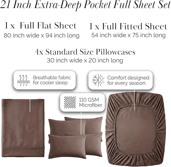 Southshore Fine Living, Inc. 6-Piece Full Sheet Set, 21-Inch Extra Deep Pocket Sheets Full Size Bed, Fitted and Flat Sheet Set, Chocolate Brown Pillow Cases Standard Size, Chocolate Brown Sheets