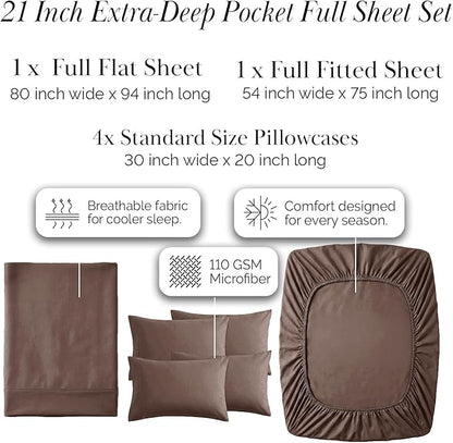 Southshore Fine Living, Inc. 6-Piece Full Sheet Set, 21-Inch Extra Deep Pocket Sheets Full Size Bed, Fitted and Flat Sheet Set, Chocolate Brown Pillow Cases Standard Size, Chocolate Brown Sheets