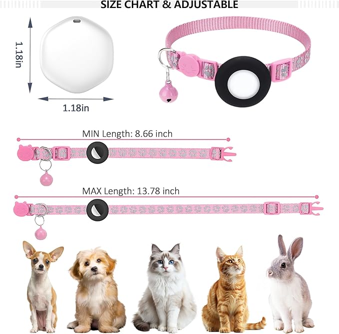 GPS Tracker for Cats, Mini GPS Pet Tracker with Collar, IPX8 Waterproof Cat Trackers Collar,No Monthly Fee,Work with Apple Find My(iOS Only),Smart Trackers for Pets(Pink)