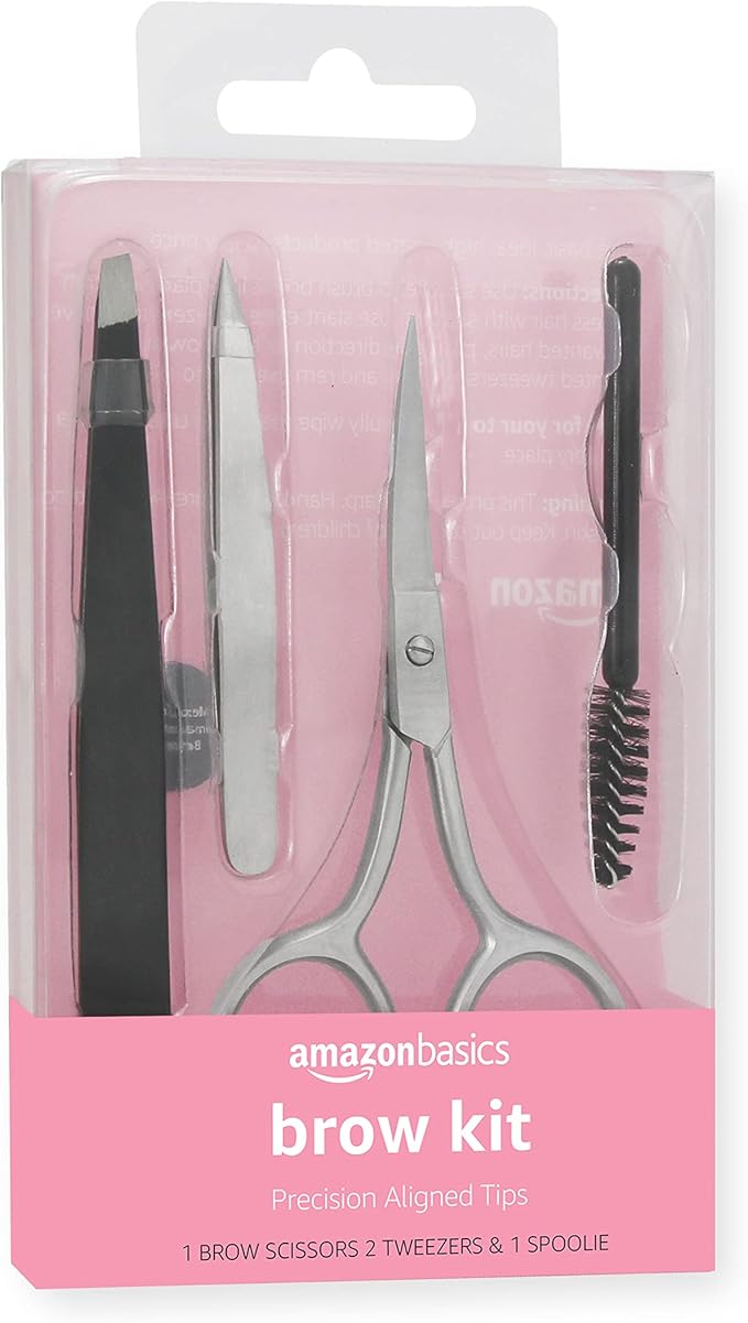 Amazon Basics 4-Piece Eyebrow Grooming Kit with Scissors, Tweezers, Spoolie Brush for Shaping at Home, Black
