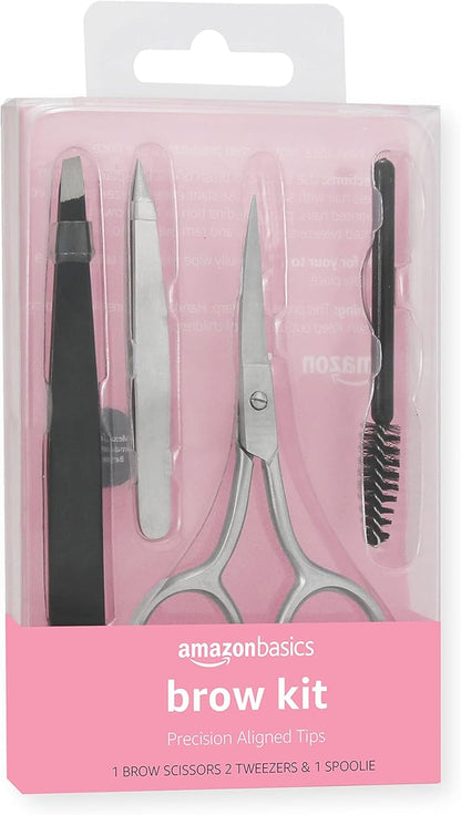 Amazon Basics 4-Piece Eyebrow Grooming Kit with Scissors, Tweezers, Spoolie Brush for Shaping at Home, Black