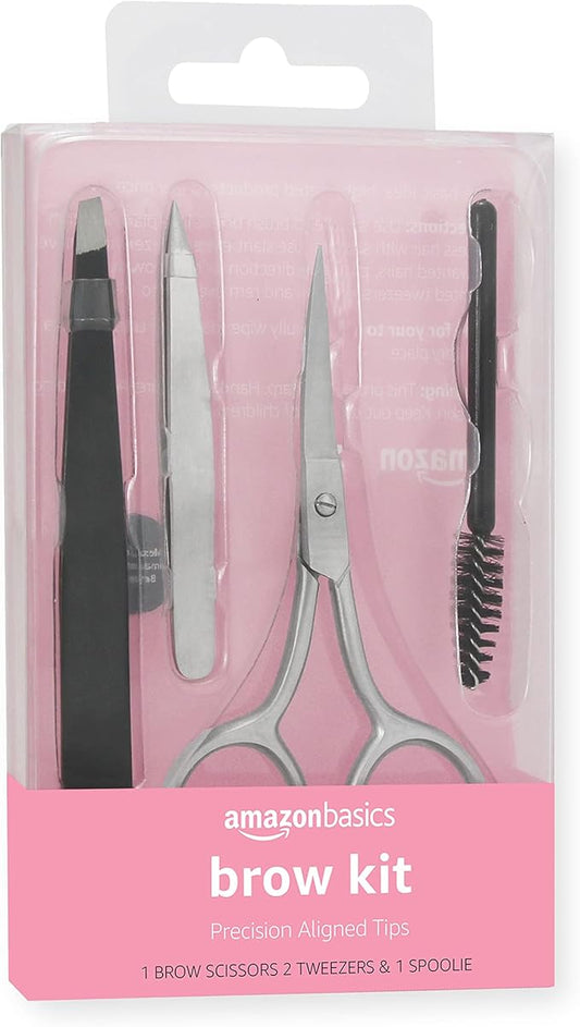 Amazon Basics 4-Piece Eyebrow Grooming Kit with Scissors, Tweezers, Spoolie Brush for Shaping at Home, Black