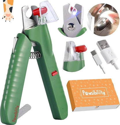 Pawsibility - Reinvented Pet Nail Clippers for Your Pal - [USB Rechargeable] - LED Light for Bloodline | Razor Sharp and Durable Blade | Vets Recommended Trimming Tool for Dogs and Cats - Green