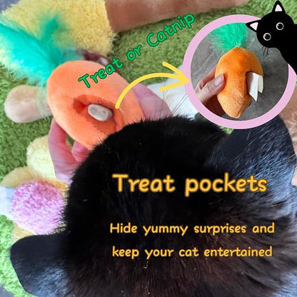 CECE PAW 4 Pack Cat Carrot Feather Toy, Catnip Refillable Toys, Cat Kicker Toy with Treat Pockets and 6 Catnip Pouches