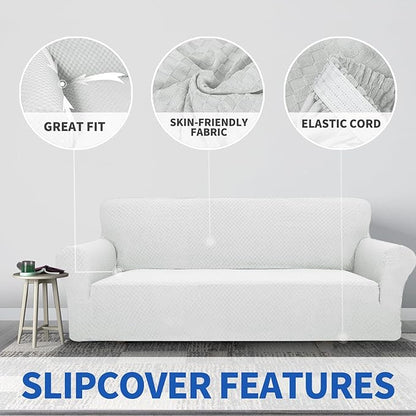 ZNSAYOTX 1 Piece Jacquard Couch Covers for 3 Cushion Couch High Stretch Sofa Cover for Pets Dogs Anti Slip Extra Large Sofa Slipcovers Furniture Protector (X-Large, White)