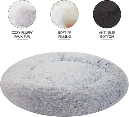 Bedfolks Calming Donut Dog Bed, 36 Inches Round Fluffy for Large Dogs, Anti-Anxiety Plush, Machine Washable (Light Blue, Large)