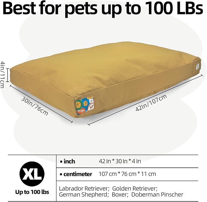 Sytopia 42 Inch Waterproof Indestructible Canvas Outdoor Dog Bed for Extra Large Dogs, Chew Proof Dog Crate Bed with Washable Removable Cover, Indoor Outdoor Patio Pet Pad, Yellow