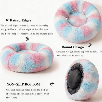 Calming Donut Dogs Beds for Small Dogs Washable,23inch Plush Round Pet Bed for Cozy Sleep,Fluffy Faux Fur Large Cat Bed,Fits up to 25 lbs Pets,Multi Colored