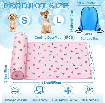 DoubleFill 4 Pack Cooling Dog Mats with Supportive Pillow 23.6" x 31.5" Self Cooling Dog Pads Ice Silk Washable Pet Cool Mat Summer Cat Sleeping Pad with Storage Bag for Crate Bed Floor (Large, Pink)