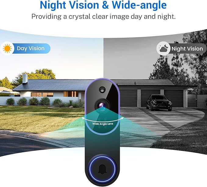 1080p Smart Video Doorbell Camera Wireless, Live View, AI Human Detection, Night Vision, Cloud Storage, 2.4G WiFi, Battery Powered, Indoor Outdoor Surveillance