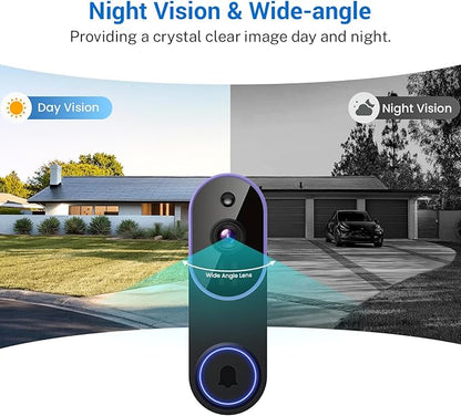 1080p Smart Video Doorbell Camera Wireless, Live View, AI Human Detection, Night Vision, Cloud Storage, 2.4G WiFi, Battery Powered, Indoor Outdoor Surveillance