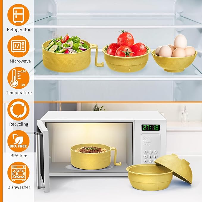 Ramen Cooker,32oz Ramen Bowl Set,Microwave Ramen Bowl, Microwave Bowl with Lid, Portable Noodle Bowls,for Home Office Dorm Room College gift (Yellow)