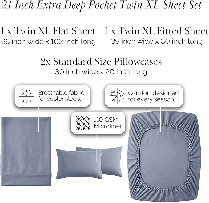 Southshore Fine Living, Inc. Extra Deep Pocket Twin XL Bed Sheets Set, 4-Piece Ultra Soft Microfiber Blue Sheets with 21" Deep Twin Fitted Sheet, Oversize Flat Sheet, 2 Pillowcases, Slate Blue