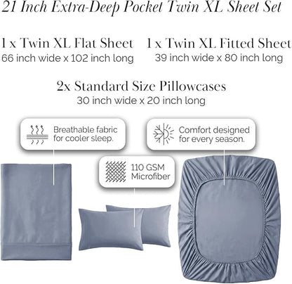 Southshore Fine Living, Inc. Extra Deep Pocket Twin XL Bed Sheets Set, 4-Piece Ultra Soft Microfiber Blue Sheets with 21" Deep Twin Fitted Sheet, Oversize Flat Sheet, 2 Pillowcases, Slate Blue