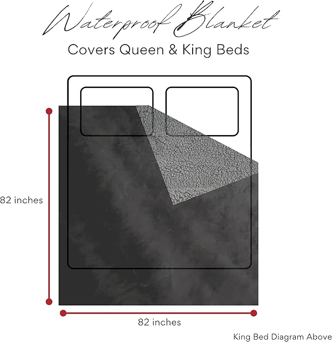 Waterproof Blanket King Size, Black & Gray 82x82"- Water Proof and Stain Resistant Blankets for Bed, Couch, Couples Fleece Moisture Absorbent, Layered Sheet Protector, Leakproof Protective Top Cover
