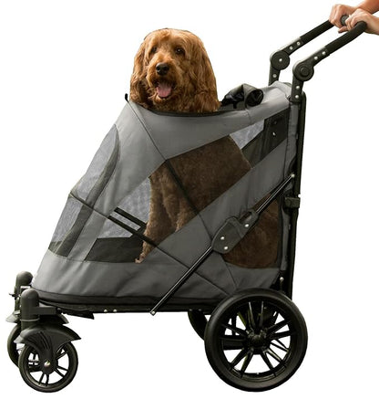 Pet Gear NO-Zip Pet Stroller with Dual Entry, Push Button Zipperless Entry for Single or Multiple Dogs/Cats, Pet Can Easily Walk in/Out, Gel-Filled Tires, Pebble, Excursion