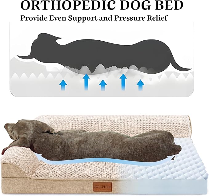 Orthopedic XL Dog Bed Large Sized Dog 42''X28'', Waterproof L Bolster Egg Crate Foam Big Pet Crate Beds with Washable Removable Cover, Non-Slip Soft Pet Couch Sleep Mat, Ivory