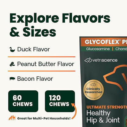 VetriScience Ultimate Strength Healthy Hip & Joint Chews, GlycoFlex Glucosamine, Chondroitin and Green-Lipped Mussel Joint Support Supplement for Dogs, Soothe Joint Discomfort, Duck, 120 Count
