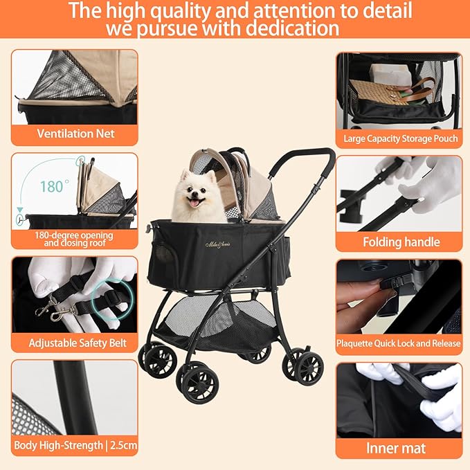 MILA&LOUIS Dog Stroller, 22" Pet Cradle for Small Dog, Pet Stroller with 4 Pu Wheels, 10Lbs Ultra-Light Dog&Cat Stroller for Small Pets, Max 35Lbs Capacity Detachable & Foldable Design with Cup Holder