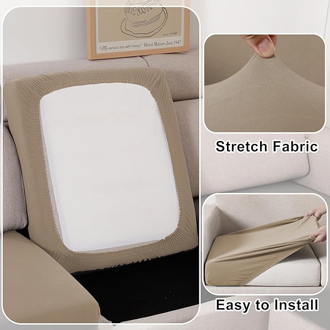 100% Waterproof Couch Cushion Covers, Replacement Sofa Cushion Covers, Stretch Individual Sofa Seat Cushion Slipcovers Furniture Protector for Kids Pets (3-Piece Sofa Cushion Cover, Sand)