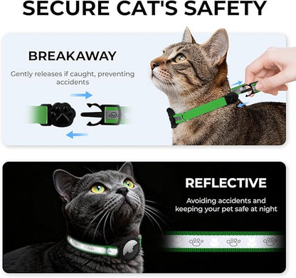 Breakaway AirTag Cat Collar, Reflective Cat Tracker Collar with Air Tag Holder and Bell, Safety Elastic Band Cat GPS Collars for Girl Boy Cats, Kittens and Puppies (Emerald, 8-13'')