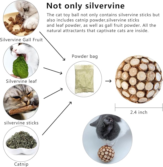 miwoowim 3PCS Cat Ball Toy,Silvervine Ball with Catnip Gall Fruit silvervine Sticks Powder Inside,Catnip Toys for Indoor Cats,Kitten Cleaning Teeth Cat Chew Toy