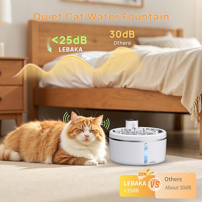 Wireless Cat Water Fountain with Stainless Steel Tray, 84oz/2.5L Pet Fountain for Cats Inside, Cat Fountain for Drinking with Motion Sensor, Ultra Quiet Pump for Pets&Small Animals (84oz+8Filters)