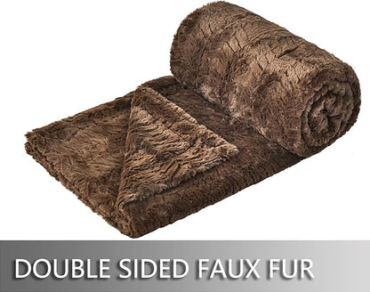 YUSOKI Luxury Faux Fur Throw Blanket(Without Pillows) 2 Layers,3lb,All Ages,Home Decoration, (Brown,50" x 63")