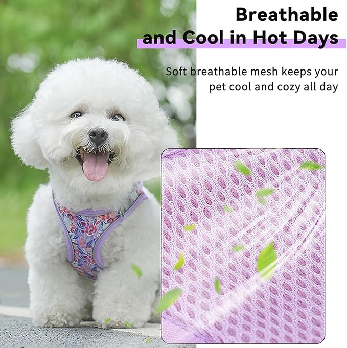 Small Dog Harness Purple Flowers No Pull Reflective Step in Vest Harness Mesh Padded Soft Harness for Small Medium Dogs Cats