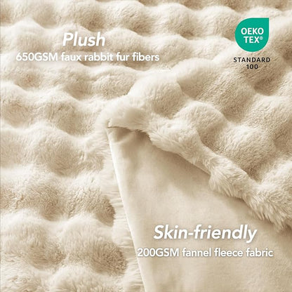 L'AGRATY Faux Rabbit Fur Blanket: 90" x 90" Queen Luxury Soft Fluffy Thick Fur Throw Blanket for Couch Bed Sofa - Cozy Plush Bubble Blankets for Winter: Flannel Fleece Decorative Blanket(Almond White)