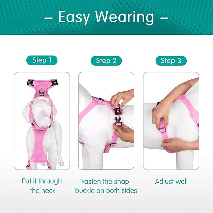PoyPet Reflective Soft Breathable Mesh Dog Harness No Choke Double Padded Vest Adjustable(Light Pink,L)