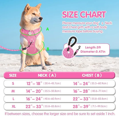 PoyPet No Pull Dog Harness and 5 Feet Leash Set, Release on Neck Reflective Adjustable Pet Vest, Front & Back 2 D-Ring and Soft Padded Pet Harness with Handle for Small to Large Dogs(Pink,S)