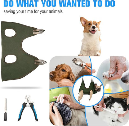 Kkiimatt 10 in 1 Pet Grooming Hammock Harness with Nail Clippers/Trimmer, Nail File, Comb,Dog Nail Hammock, Dog Grooming Sling for Nail Trimming/Clipping (XXXL/Under 140lb, Khaki Green)