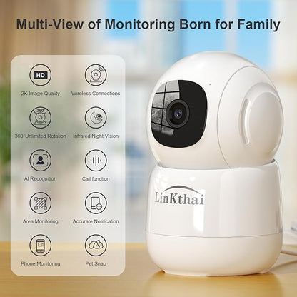 Camera for Home Security,2K Pet Camera with Speaker,Indoor Camera Wireless with Phone App,Auto Tracking/Super Night Vision,Cloud/SD Card Storage,2.4 GHz,White